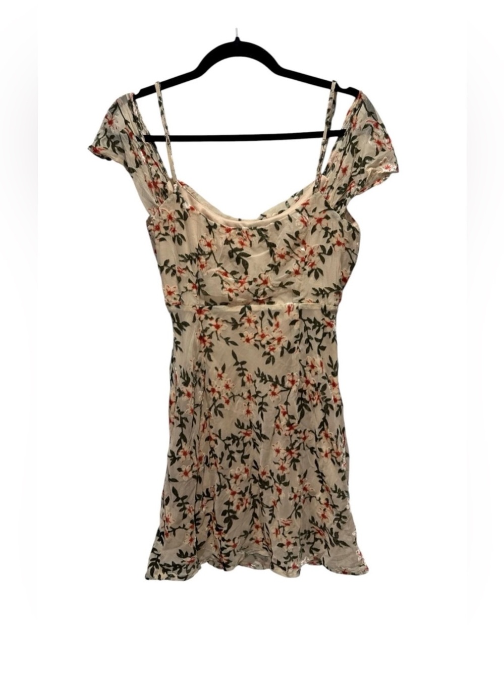 Floral Cream Mini Dress with Green & Coral Print